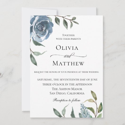 Elegant Dusty Blue Botanical Wedding Einladung (Vorderseite)