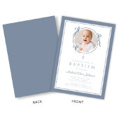 Elegant Dusty Blue Bow Boy Photo Baptism Einladung
