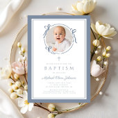 Elegant Dusty Blue Bow Boy Photo Baptism Einladung