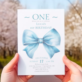 Elegant Dusty Blue Bow First Boy Birthday Einladung