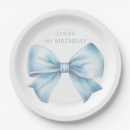Elegant Dusty Blue Bow First Boy Birthday Pappteller (Vorderseite)