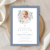 Elegant Dusty Blue Bow Photo Baptism Einladung