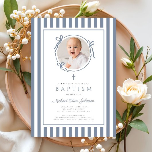 Elegant Dusty Blue Bow Photo Boy Baptism Einladung