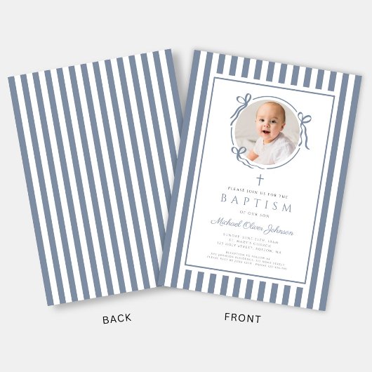 Elegant Dusty Blue Bow Photo Boy Baptism Einladung