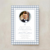 Elegant Dusty Blue Bow Photo Boy First Communion Einladung