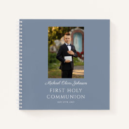 Elegant Dusty Blue Boy First Communion Gäestbook Notizblock
