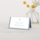 Elegant Dusty Blue Boy First Communion Platzkarte (Rückseite)