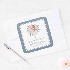 Elegant Dusty Blue Boy Photo Baptism Quadratischer Aufkleber