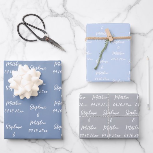 Elegant Dusty Blue Bride Groom Names Weddings Geschenkpapier Set (Vorderseite)