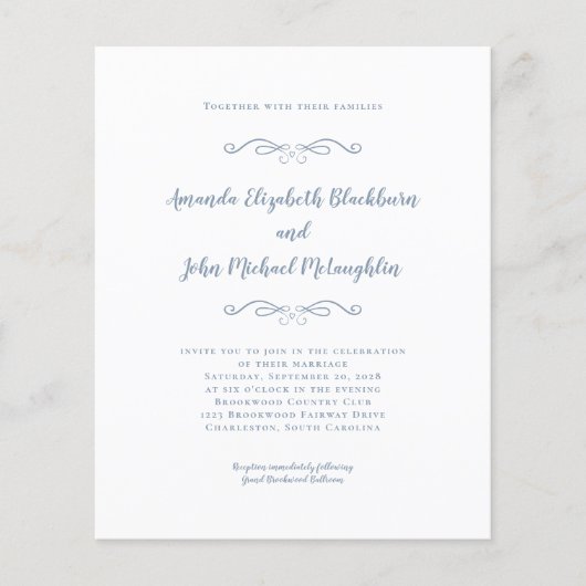 Elegant Dusty Blue Budget Chic Hochzeitseinladung (Vorderseite)