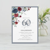 Elegant Dusty Blue & Burgundy Floral 60. Geburtsta Einladung (Stehend Vorderseite)