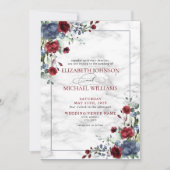 Elegant Dusty Blue Burgundy Floral Foto Wedding Einladung (Vorderseite)