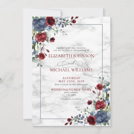 Elegant Dusty Blue Burgundy Floral Foto Wedding Einladung (Vorderseite)