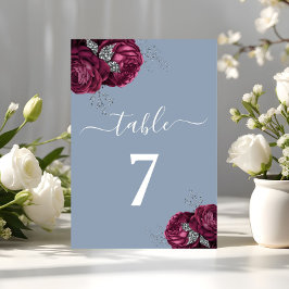 Elegant Dusty Blue Burgundy Floral Tischnummer
