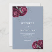 Elegant Dusty Blue Burgundy Floral Wedding Einladung (Vorderseite)