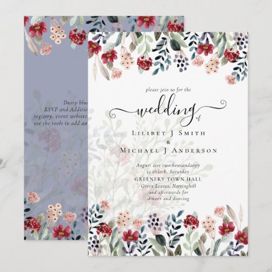 Elegant Dusty Blue Burgundy Floral Wedding Einladung (Vorne/Hinten)