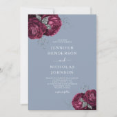 Elegant Dusty Blue Burgundy Floral Wedding Einladung (Vorderseite)
