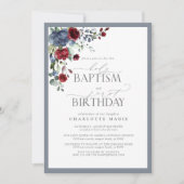 Elegant Dusty Blue Burgundy Taufe 1. Geburtstag Einladung (Vorderseite)