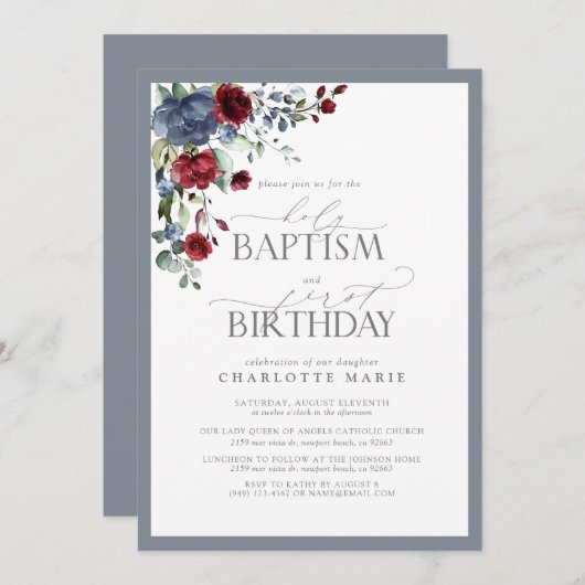 Elegant Dusty Blue Burgundy Taufe 1. Geburtstag Einladung (Vorne/Hinten)