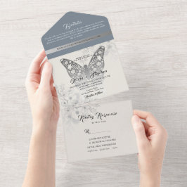Elegant Dusty Blue Butterfly Wedding All In One Einladung