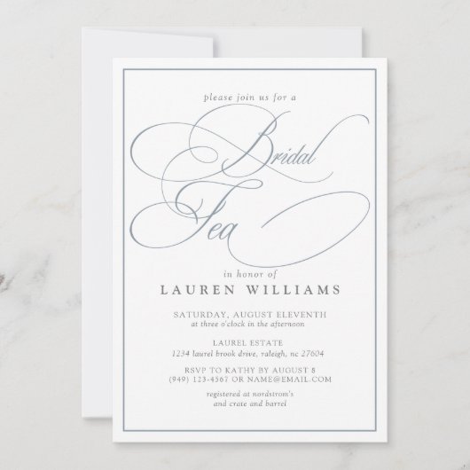 Elegant Dusty Blue Calligraphy Formal Bridal Tee Einladung (Vorderseite)