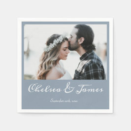 Elegant Dusty Blue Calligraphy Foto Wedding Serviette