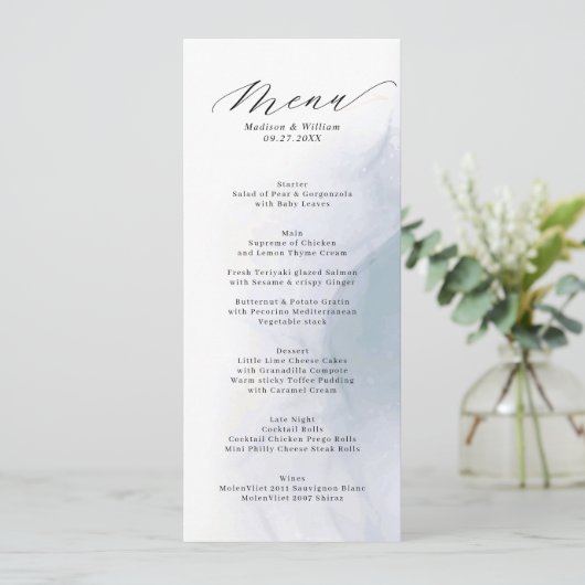 Elegant Dusty Blue Calligraphy Script Wedding Menükarte (Stehend Vorderseite)