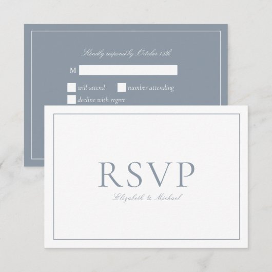 Elegant Dusty Blue Calligraphy Script Wedding RSVP Karte (Vorne/Hinten)