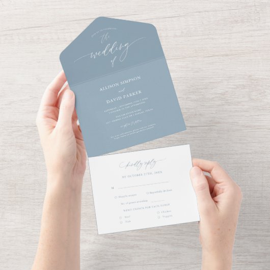 Elegant Dusty Blue Calligraphy Wedding All In One Einladung (Abreißen)