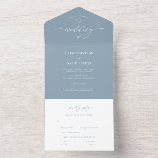 Elegant Dusty Blue Calligraphy Wedding All In One Einladung (Innen Boden)