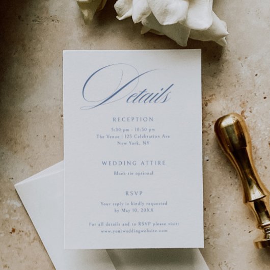 Elegant Dusty Blue Calligraphy Wedding Details Begleitkarte