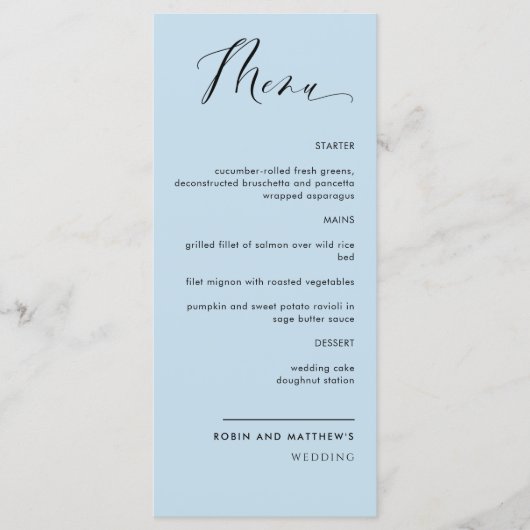 Elegant Dusty Blue Calligraphy Wedding / Empfang Menükarte (Vorderseite)
