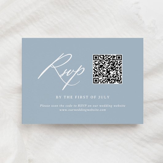 Elegant Dusty Blue Calligraphy Wedding QR Code RSVP Karte