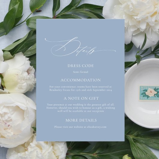 Elegant Dusty Blue CalligraphyWedding Details Card Begleitkarte