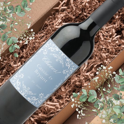 Elegant Dusty Blue Chic Cheers Stilvolle Hochzeit Weinetikett