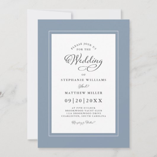 Elegant Dusty Blue Chic Modern Calligraphy Wedding Einladung (Vorderseite)