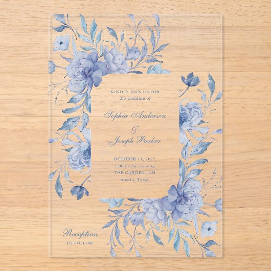 Elegant Dusty Blue Chinoiserie Blumenzwiebelblume Acryleinladungen (Vorderseite)