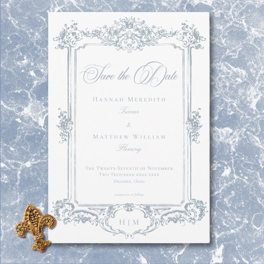 Elegant Dusty Blue Chinoiserie Cherub Wedding Save The Date