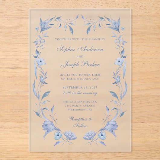 Elegant Dusty Blue Chinoiserie Wedding Acryleinladungen (Vorderseite)
