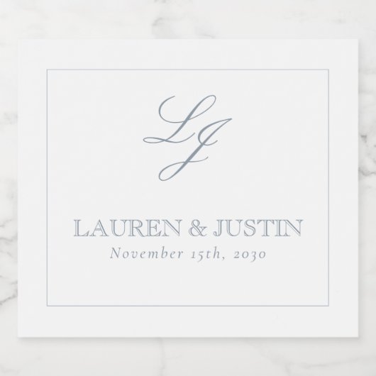 Elegant Dusty Blue Classic Monogram Script Wedding Schaumweinetikett (Einzelnes Label)