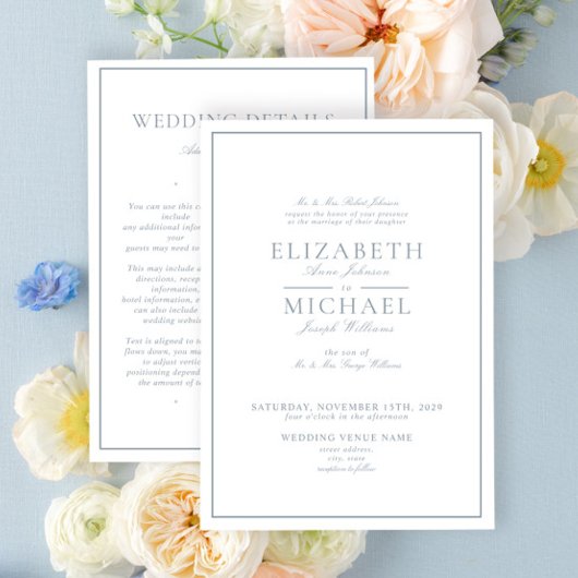 Elegant Dusty Blue Classic Script Details Wedding Einladung