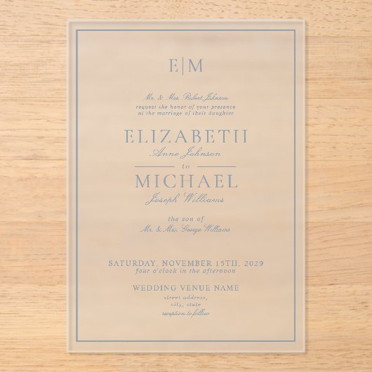 Elegant Dusty Blue Classic Script Monogram Wedding Acryleinladungen (Vorderseite)