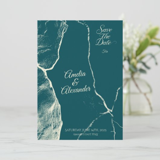 Elegant Dusty Blue & Cream Marble Save the Date Einladung (Stehend Vorderseite)