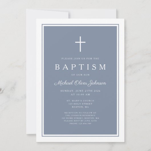 Elegant Dusty Blue Cross Baby Boy Baptism Einladung (Vorderseite)