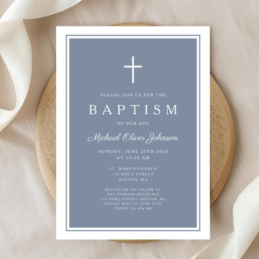 Elegant Dusty Blue Cross Baby Boy Baptism Einladung