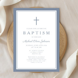 Elegant Dusty Blue Cross Baby Boy Baptism Einladung