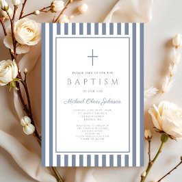 Elegant Dusty Blue Cross Boy Baptism Einladung