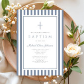 Elegant Dusty Blue Cross Boy Baptism Einladung