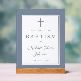 Elegant Dusty Blue Cross Boy Baptism Welcome Acrylschild