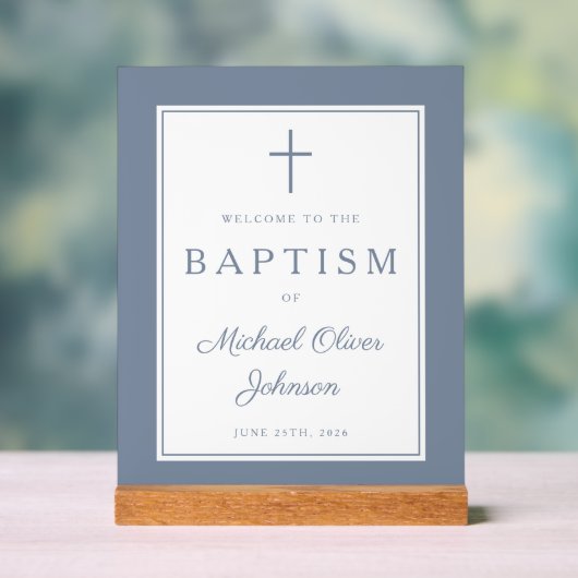 Elegant Dusty Blue Cross Boy Baptism Welcome Acrylschild (Neutral)